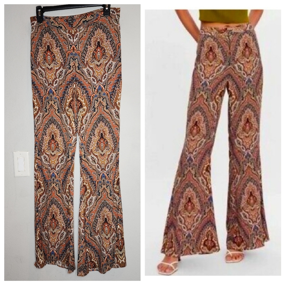 Zara Flare Brown Paisley Printed Pants Size Small Stretch Waist Size Small